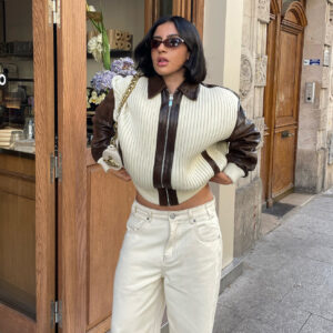 Knit & Faux Leather Patchwork Jacket for Women